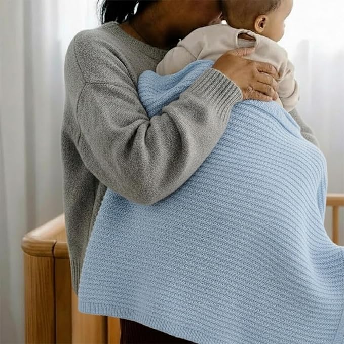 Baby Knit Blanket, 100% Cotton Waffle Patterns, Soft, Cozy, Lightweight Swaddle for Newborn & Infant Swaddling Beige Neutral, Perfect Baby Shower Ideas Baby Blue 30x30