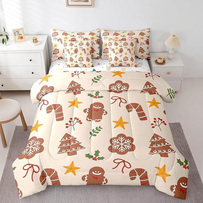 Merry Christmas Kids Bedding Set Xmas Theme Comforter Set with Sheets for Boys Girls Cartoon Gingerbread Man Christmas Tree Decor Bed in a Bag Brown Bed Set 7Pcs Queen Size