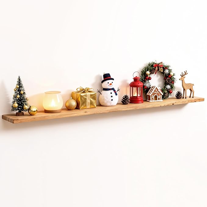 Fun Memories 72 Inch Floating Shelves for Wall, Rustic Solid Elm Wood Shelves for Home Decor, 8 Inch Deep Floating Shelf Wall-Mounted, Heavy-Duty Storage Shelf for Living Room, Bedroom, Kitchen