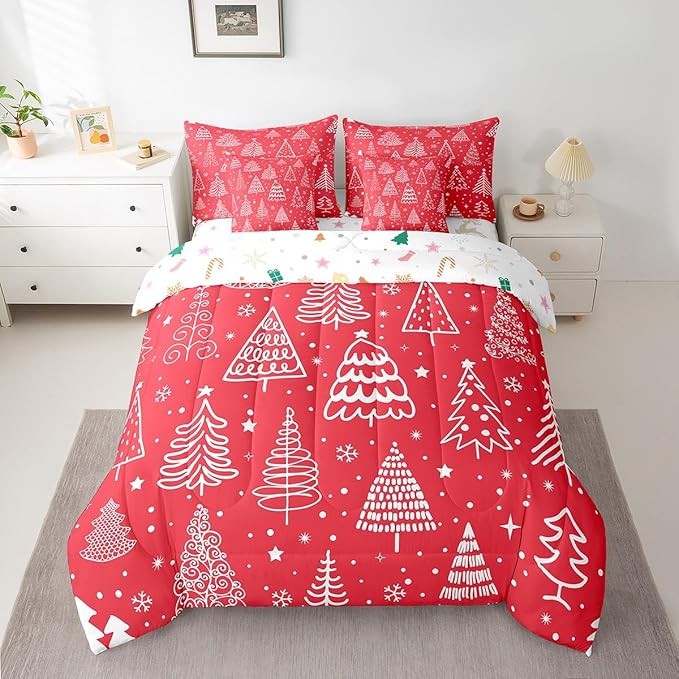 Feelyou Merry Christmas Bed Set Xmas Tree Cute Comforter Set with Sheets Red Chic Bed in a Bag Kawaii Stars Cartoon Bedding Set Bedroom Collection King Size