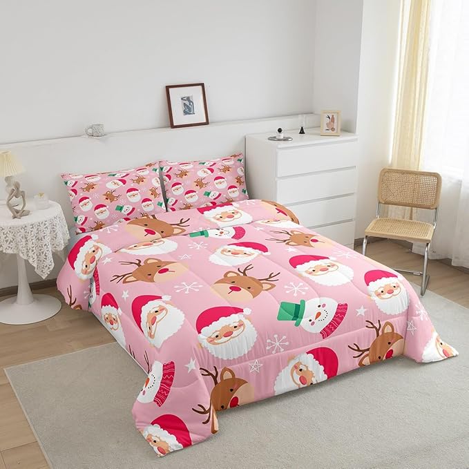 Cartoon Santa Claus Kids Comforter Set King Size,Cute Snowman Deer Xmas Bedding Set,Boys Girls Adults Room Decor,Merry Christmas Snowflake Down Comforter,Pink Romantic Duvet Insert,2 Pillowcases