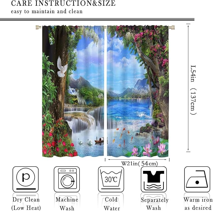 Spring Jungle Waterfall Blackout Window Curtains, Tropical Rainforest Floral Tree Waterfall Landscape Print Window Drapes, for Living Room Bedroom 42x54in 2 Panels