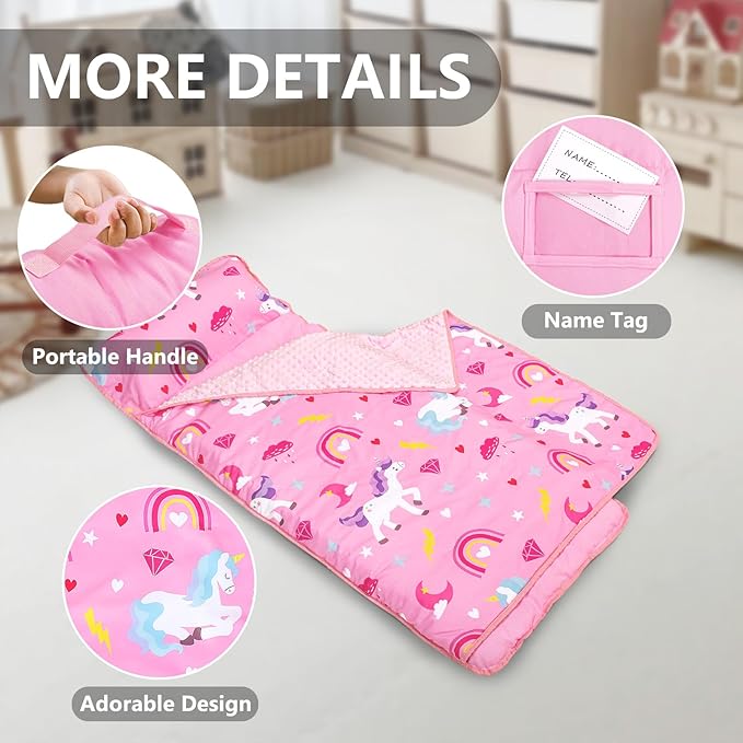 Primlect Toddler Nap Mat with Removable Pillow and Fleece Blanket, Extra Large 55''x35'' Sleeping Bag, Washable, Light, Easy to Roll up, Perfect for Daycare, Preschool, Kindergarten, Travel