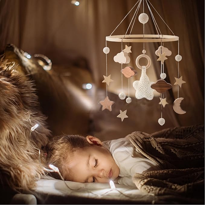 Baby Crib Mobile, Stars Clouds Moon Baby Mobile with Crisp Sound, Hand-Crocheted Wood Nursery Mobiles, Boho Crib Toys Hanging for Boys Girls