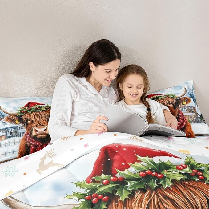 Feelyou Merry Christmas Bedding Set Soft for Boys Girls, Highland Cow Comforter Set Twin Size Snowflake Duvet Quilt Microfiber Winter Bedroom Decor 2 Pcs with 1 Pillow Cases