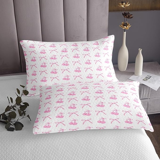 Manfei Cherry Bowknot Kid Bedspread King Size,Pink Bow Tie Butterfly Knot Princess Coverlet Set,Girls Women Room Decor,Cartoon Bow Patchwork Quilted Coverlet,Dreamy Sweet Bedding Quilt,2 Pillowcases