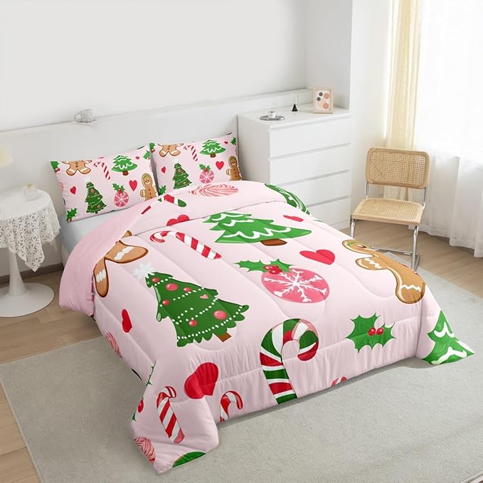 Feelyou Merry Christmas Kids Comforter Set King Size Gingerbread Man Bedding Set Christmas Decor Duvet Quilt for Kids Boys Girls Bedroom New Year Gift Decor Microfiber Ultra Soft Breathable