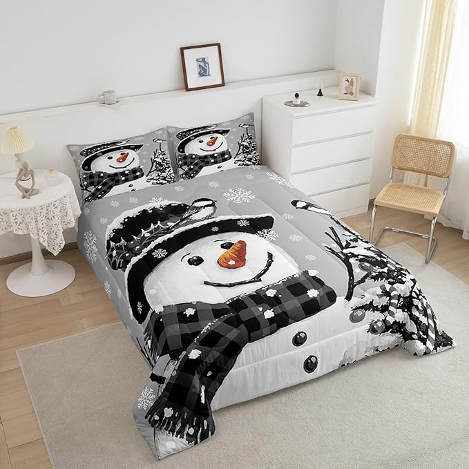 Feelyou Kids Christmas Theme Decorations Bedding Set Xmas Snowman Comforter Set for Boys Girls Snowflake Kawaii Cute Grey Bedroom Collection Twin Size