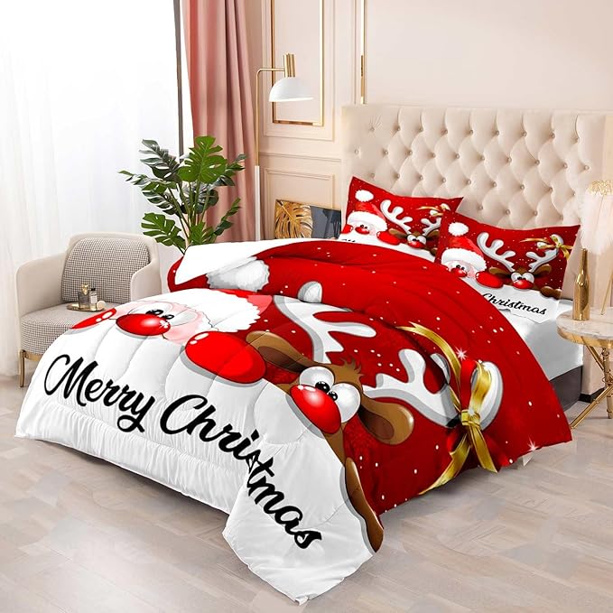 LUVIVIHOME 3PCS Merry Christmas Comforter Set King Size, Funny Santa Claus Bedding, Reindeer Cute Christmas Bedroom Decor for Kids Boys Girls Teens, Xmas Gifts, 2 Pillow Cases