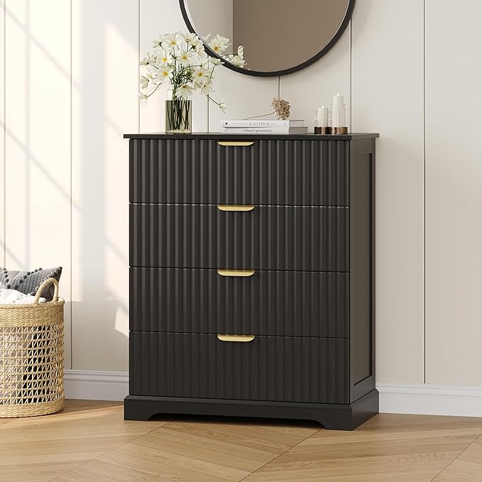 Fluted Dresser with 4 Drawers for Bedroom, 36.6" Tall Dresser with Charging Station, Wooden Chest of Drawers for Bedroom, Living Room, Entryway, Black