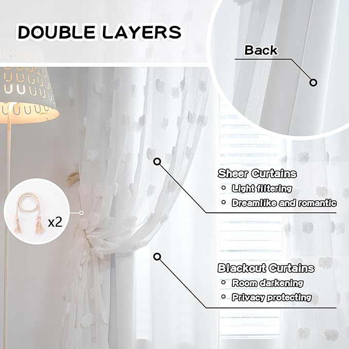 MYSKY HOME White Curtains for Living Room 90 Inches Long Nursery Curtains for Bedroom Double Layer Curtains White Pom Pom Sheer Curtains for Dining Room Grommet Room Darkening Window Panels W52 X L90