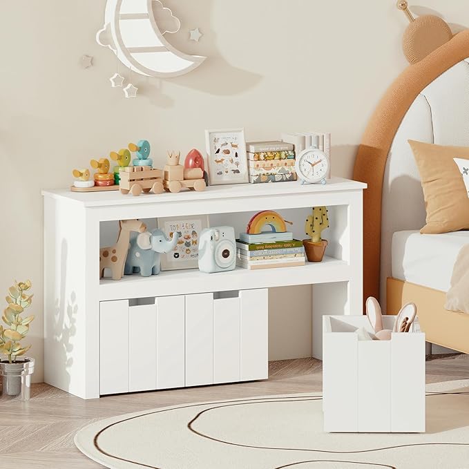 Costzon Toy Storage Organizer w/Drawers, Wooden Toy Shelf with 3 Removable Drawers, Rolling Wheels & Large Open Shelf, 2 Shelf Toy Cupborad for Kids Room, Playroom, Kindergarten, Nursery (White)