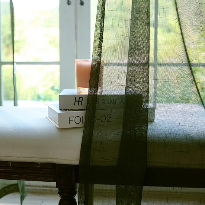 Dark Green Linen Look Pinch Pleated Sheer Curtains 102 Inches Long 2 Panels, 50 Inches Width, Rustic Textured Light Filtering Drapes, Olive Floor to Ceiling Window Curtain with Hooks