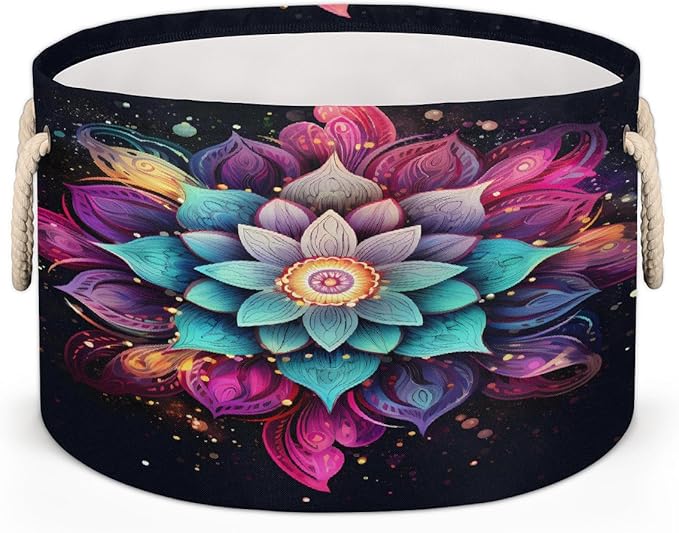 Galaxy Ethnic Mandala Round Storage Basket for Laundry & Toys, Lightweight Fabric Laundry Hamper with Handles, Foldable Large Organizer Bin for Bedroom Bathroom Nursery Dorm