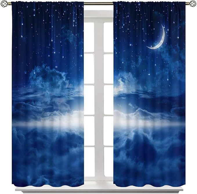 Star Night Sky Blackout Curtains, Moon Foggy Clouds Landscape Theme Print Window Drapes for Kids Girls Bedroom Living Room 52" W X 84" L