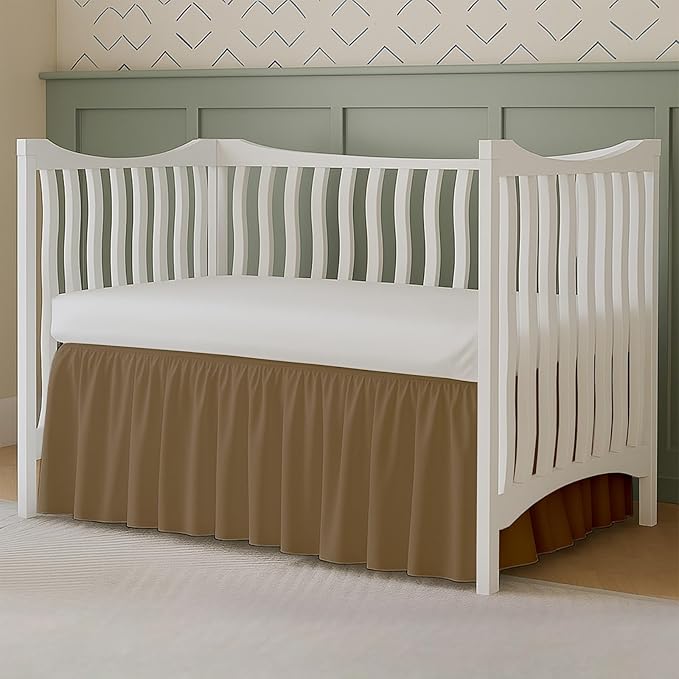 Crib Bed Skirt Dust Ruffle with Split Corners, 100% Cotton, Taupe Nursery Crib Skirt for Baby Boys or Girls, 28x52, 14" Drop, Toddler Bed Skirt, Baby Bedding, Crib Sheet Skirt, Soft & Breathable