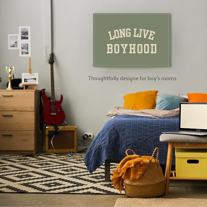 Long Live Boyhood Boys Room Decor - Linen Nursery Banner for Toddler Room Decoration, Farmhouse Kids Wall Hanging, Canvas Banner Flag for Baby Shower, Birthday Gift - A04