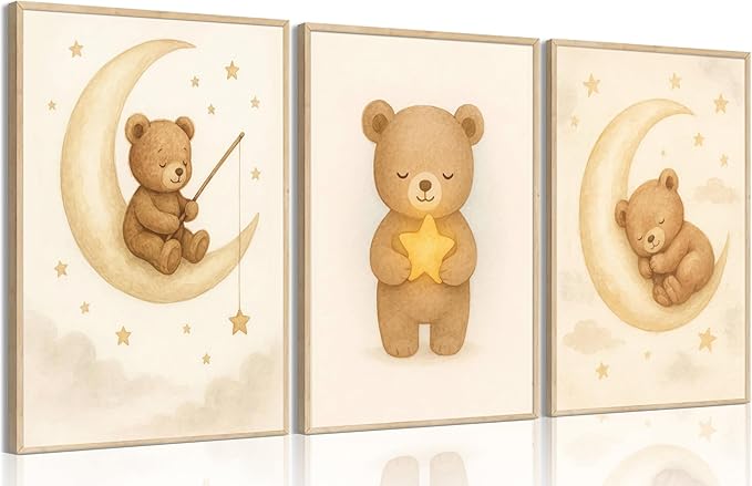 XBQZFLHT 3Pcs Bear Nursery Wall Art Teddy Bear Moon and Stars Canvas Prints Cute Animal Sleeping on the Moon and Cloud Neutral Baby Room Decor Pictures for Boys and Girls 12x16in Unframed