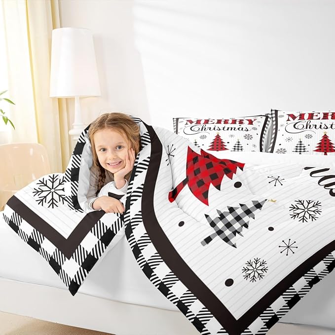 Merry Christmas New Year Kids Comforter Set Queen Size,Snowflake Pine Trees Bedding,Girls Boys Adults Bedroom/Xmas Cabin Decor,Grids Geometric Fashion Down Comforter,Rustic Duvet Insert,2 Pillowcases