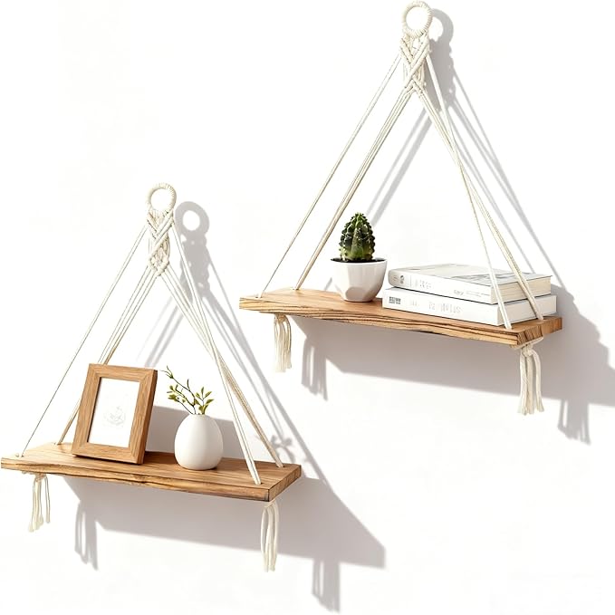 Boho Macrame Hanging Wall Shelves Set of 2 - Rustic Wood Triangular Floating Storage Shelf for Bedroom Bathroom Living Room Nursery Dorm - Boho Room Deco
