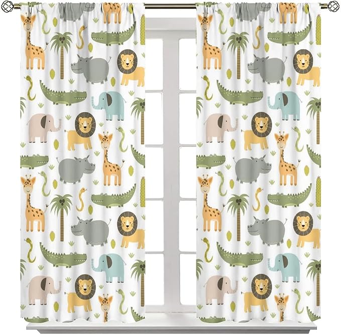 Nursery Safari Animals Window Curtains,Cartoon Woodland Jungle Forest Lion Elephant Giraffe Printed Pattern Blackout Drapes for Living Room Baby Boy Kids Bedroom 55x63in