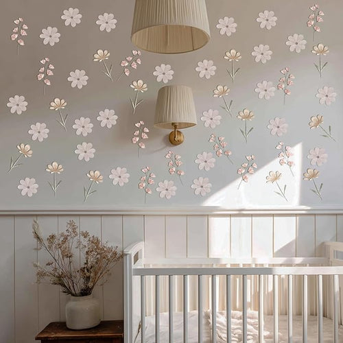 28Pcs Boho Floral Wall Decor Decals, Removable Pink Watercolor Wildflower Stickers for Nursery, Girls Room, Dorm and Headboard Art