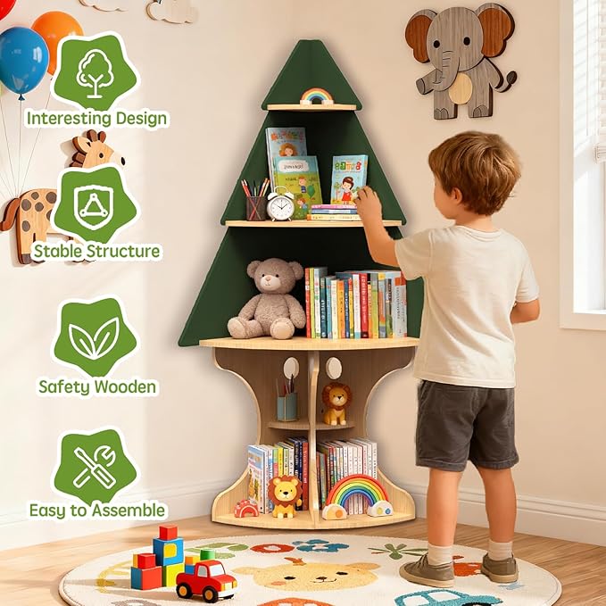 Bookshelf for Kids, Children Tree-Bookshelf, Space-Saving Montessori Toddler Corner Bookcase for Nursery, Kindergarten, Kids Rooms