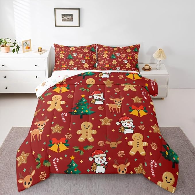 Feelyou Merry Christmas Comforter Set Toddler Size Gingerbread Man Bedding Set for Kids Boys Girls Cute Deer Duvet Quilt Christmas Tree Microfiber 2 Pcs with 1 Pillow Cases