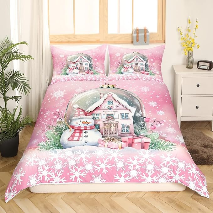 Manfei Christmas Duvet Cover Set Queen Size, Pink Castle and Snowman Print Bedding Set 3pcs for Kids Girls Teens Bedroom Decor, New Year Snowflake Print Comforter Cover with 2 Pillowcases,No Comforter