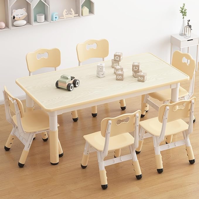 GAOMON Kids Table and 6 Chairs Set, Height Adjustable Toddler Table and Chairs Set for Ages 2-10, Graffiti Desktop, Non-Slip Legs, Children Activity Table for Daycare Classroom Home