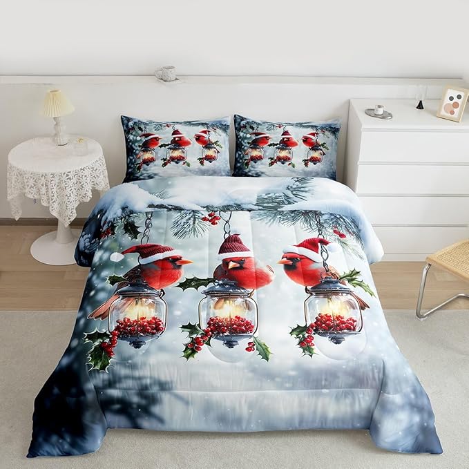 Feelyou Merry Christmas Comforter Set All Season Robin Bird Bedding Set with 2 Pillow Cases Snowflake Microfiber Kids Queen Bedclothes Winter Bedroom Decor Duvet Quilt Breathable Soft Lightweight