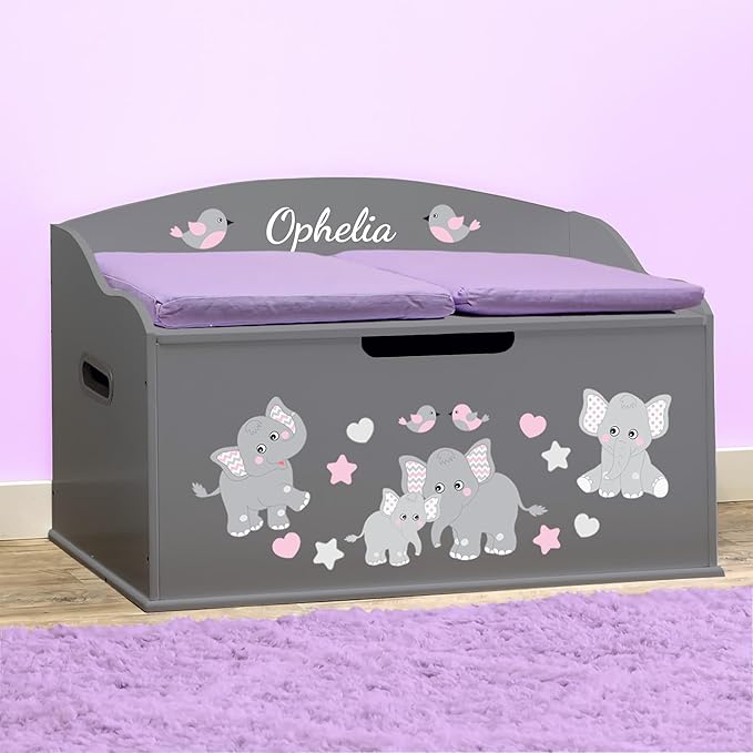 DIBSIES Personalized Creative Wonders Toy Box, Pink Elephants, 30 x 19.25 x 18 inches, Soft-Close Lid (Dovetail Grey)