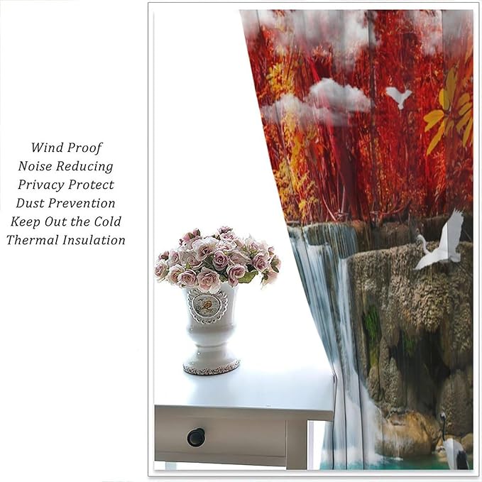 Nature Blackout Curtains, Waterfall Landscape Forest River Crane Fish Floral Pattern Rod Pocket Window Drapes, for Bedroom Living Room 52" W X 84" L