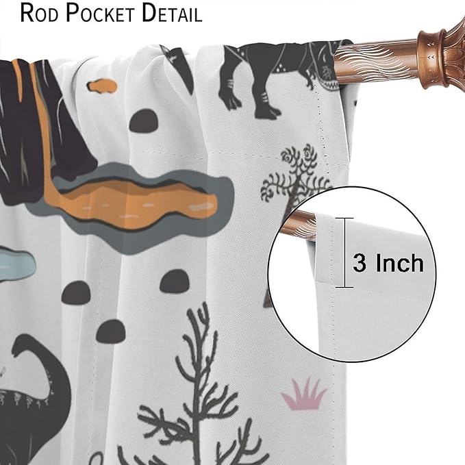 Funny Dinosaur Curtains Cute Dino Cartoon Animals Abstract Aesthetics Art Print for Kids Girls Boys Bedroom Living Room Rod Pocket Decoration Window Drapes 2 Panels W42xL84in