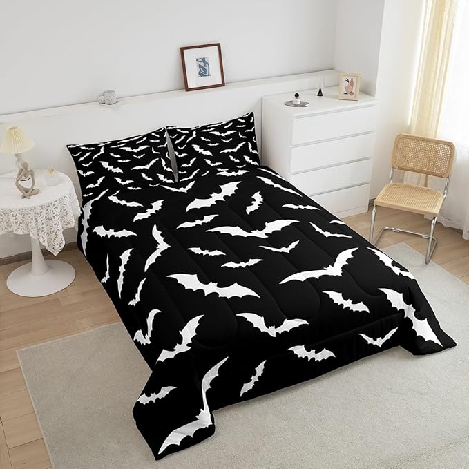Erosebridal Bat Comforter Set King Size for Kids Bedroom with 2 Pillow Cases Happy Halloween Bedding Set Gothic Spooky Duvet Insert Cartoon Style Quilt, Black White