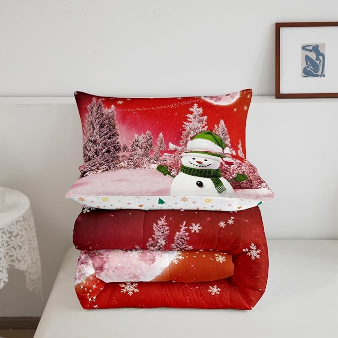 Feelyou Kids Merry Christmas Decorations Toddler Size Comforter Set Xmas Snowman Bedding Set Red Quilt Set Soft Warm Lightweight Duvet Set