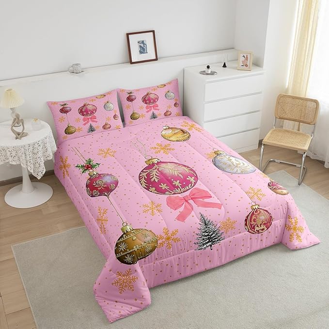 Erosebridal Merry Christmas Full Bedding Sets Xmas Tree Comforter Sets Kids Snowflake Happy New Year Down Comforter for Boys Girls Pink Bownot Decor Bed Set