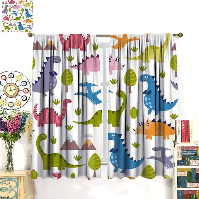 Dino Curtains, Cartoon Style Colorful Dinosaurs Pattern Blackout Window Treatments, Rod Pocket Thermal Insulated Drapes 2 Panel Sets for Kids Bedroom Nursery Classroom, 42" W X 54" L