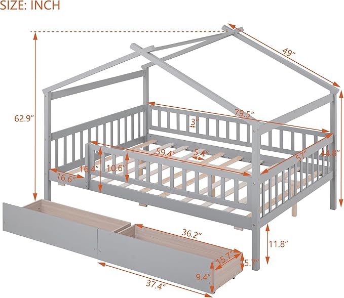 Merax Full Size Wooden House Bed with Two Drawers, Wood Bed Frame with Roof and Safety Guardrail for Kids, Teens, Boys or Girls, Gray