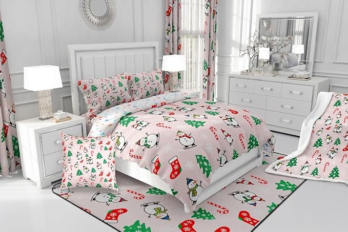 Feelyou Pink Christmas Comforter Set Twin Size Snowman Bedding Set for Kids Boys Girls Snowflake Duvet Quilt Xmas Tree Bedroom Decor Microfiber 2 Pcs with 1 Pillow Cases