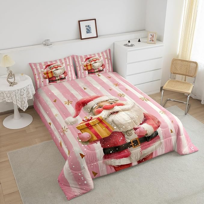 Cartoon Santa Claus Bedding Set Full Size,Merry Christmas Snowflake Comforter Set for Kids Boys Girls Room Decor,Red Pink Stripes Duvet Insert 3Pcs,Xmas Theme Microfiber Quilt Set,2 Pillowcases