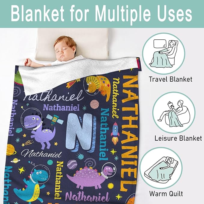 Dinosaur Lover Astronaut Personalized Blanket with Name Custom Dinosaur with Name Flannel Blanket Soft Throw Meaningful Gift for Toddlers Girls Boys Kids Pets 120 * 90" XL for Family