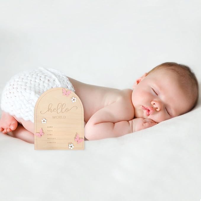 Hello World Newborn Sign - Baby Announcement Sign for Baby Showers, Pink Butterfly Newborn Birth Announcement Board, Daisy Wooden Milestone Card,Welcome.