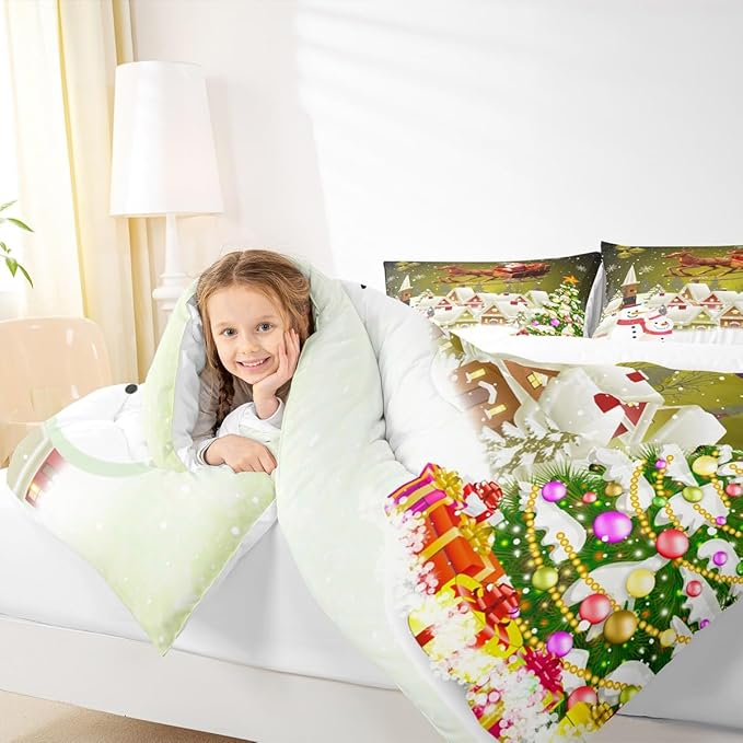 Manfei Christmas Comforter Set Queen Size, Xmas Tree Snowman Quilt Set with 2 Pillowcases, Santa Claus with Deer Bedding Set 3pcs for Kids Boys Girls Room Decor New Year Theme Duvet Insert