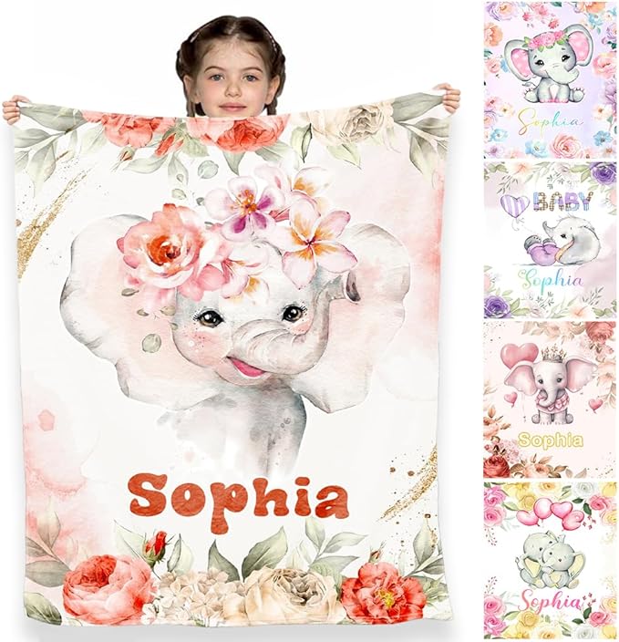 D-Story Ship Next Day, Custom Blankets Personalized Throw Blanket with Names Customized Elephant Blanket for Girls Kids Adult Birthday Gift