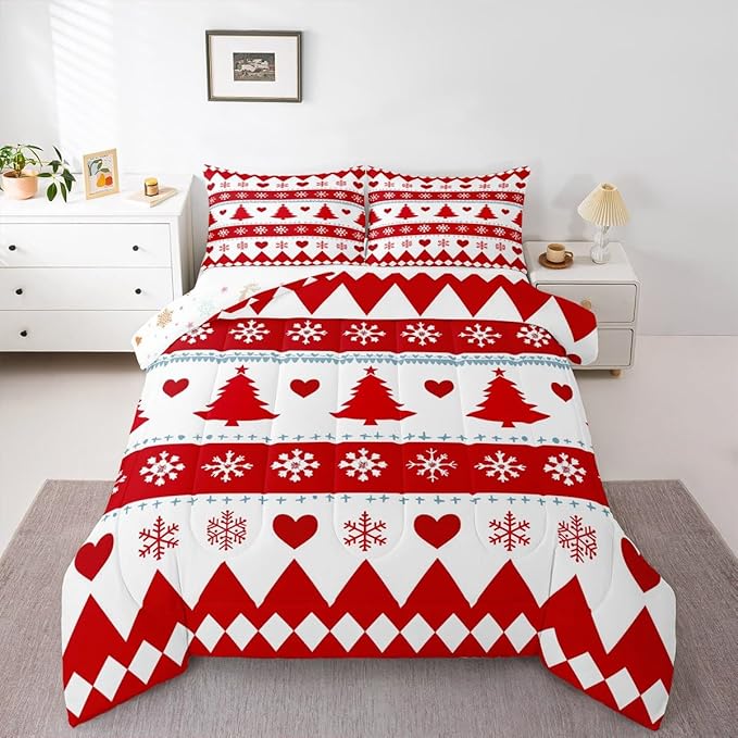 Feelyou Christmas Comforter Set King Size Xmas Tree Bedding Set for Kids Boys Girls Snowflake Heart Duvet Quilt Geometric Bedroom Decor Microfiber 3 Pcs with 2 Pillow Cases