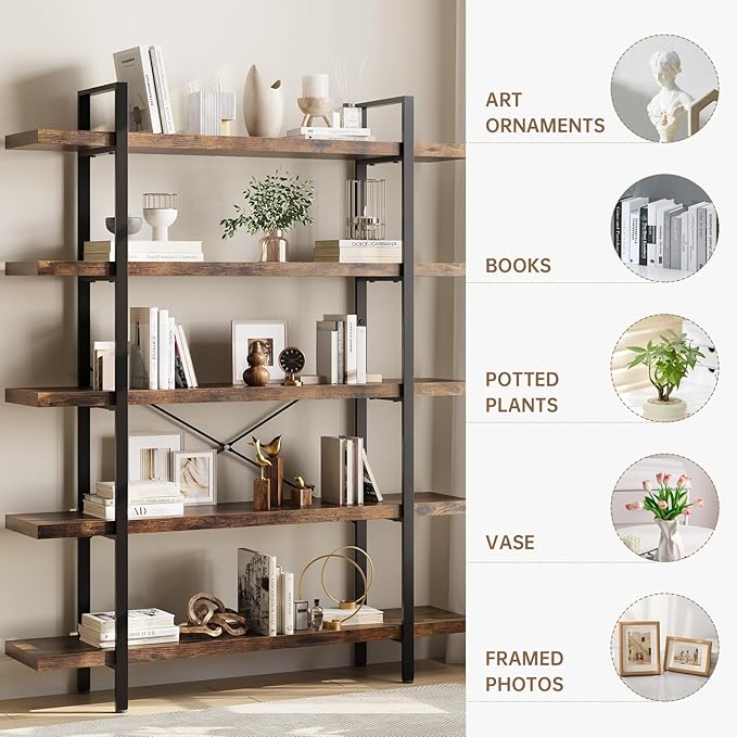 5 Tier Bookcase, 47 Inch Wide Wood Bookshelf, 120lbs Shelf Capacity Estante, Rustic Open Shelving Industrial Display with Reinforced Horizontal Brown Shelves for Living Room Bedroom Office