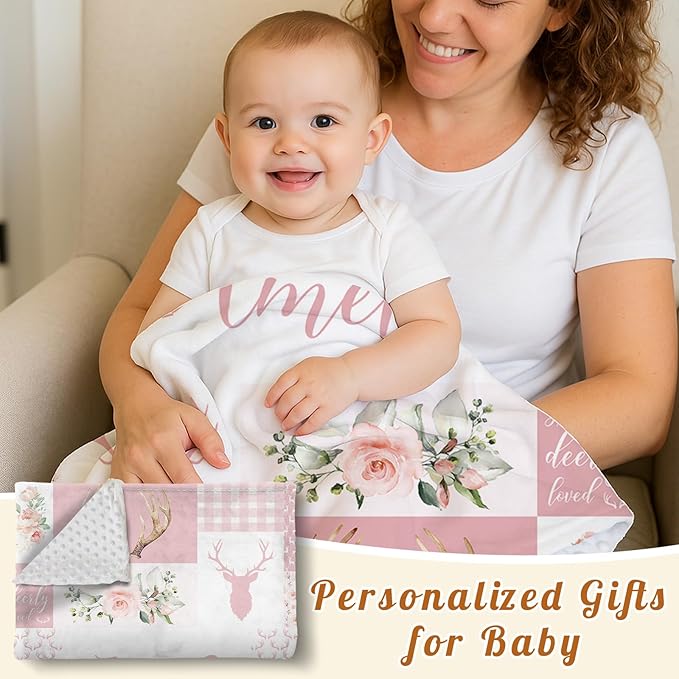 Personalized Baby Blanket with Name, Custom Pink Woodland Deer Blanket for Kids, Soft Flannel Bed Throw Blanket Swaddle for Newborn, Customizable Baby Gift & Nursery Blanket(30”x40)