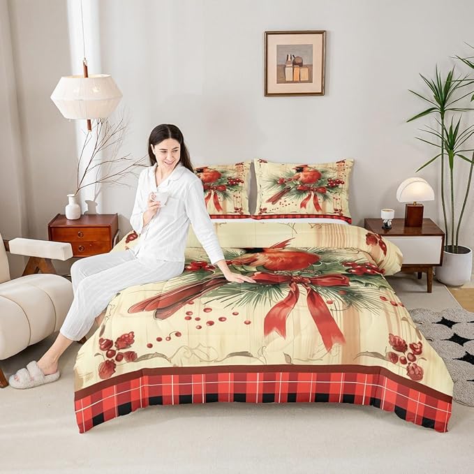 jejeloiu Kids Red Cardinal Comforter Set Queen Size Christmas Red Black Plaid Bow Bedding Set for Boys Girls Teens Xmas Birds Animal Winter Wood Plank Duvet Quilt Room Decor