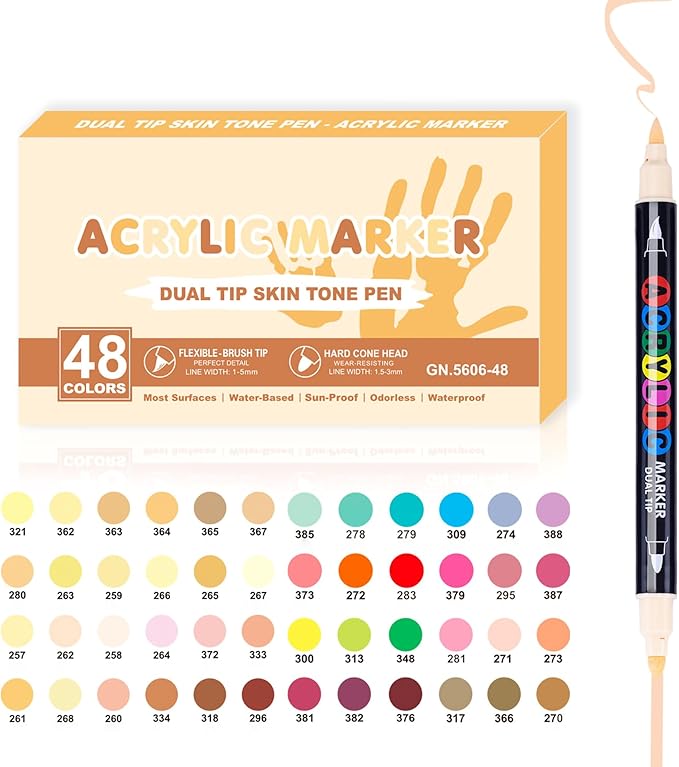 48 Skin Tone Colors Acrylic Paint Marker for Adult Dual Tip with Fine & Soft Brush Pens for Paper, Rock Painting, Wood Sign, Metal, Plastic, Drawing